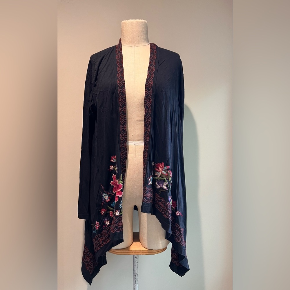 Johnny Was open front embroidered boho cotton black long cardigan sz medium m